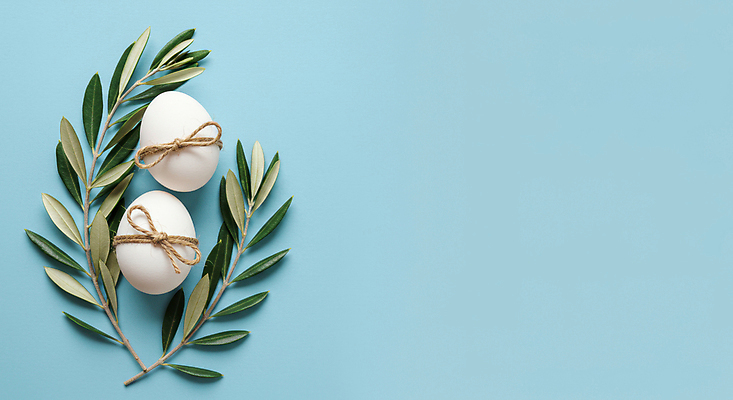 JPG 편집이미지 리본 종교 하늘색 잎 사람없음 부활절계란 유칼립투스 짚끈 카피스페이스 편집실사 AI포토 AI콘텐츠 식물 부활절 파란색 계란 공백 끈 CG 파일형식