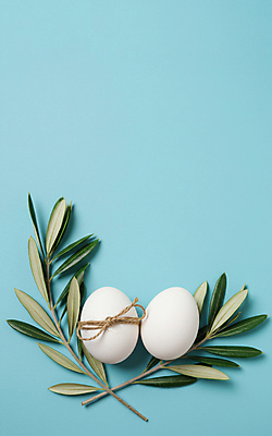 JPG 편집이미지 리본 종교 하늘색 잎 사람없음 부활절계란 유칼립투스 짚끈 카피스페이스 편집실사 AI포토 AI콘텐츠 식물 부활절 파란색 계란 공백 끈 CG 파일형식