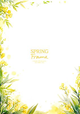 PSD 백그라운드 잎 일러스트 봄꽃 자연 수채화 프레임 사람없음 노란색 카피스페이스 국내일러스트 식물 꽃 컬러 봄 공백 생태계 파일형식