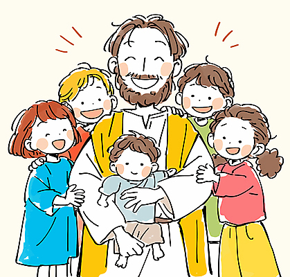 여자 남자 행복 기독교 어린이 일러스트 안기 포옹 서기 웃음 소녀 소년 여러명 성인 예수 국내일러스트 AI파일 감정 종교 다수 모션 표정 사람 신_종교 파일형식 벡터