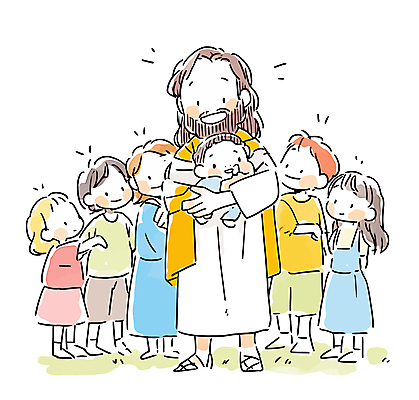 전신 여자 남자 행복 기독교 어린이 일러스트 안기 서기 웃음 소녀 소년 여러명 성인 예수 국내일러스트 AI파일 감정 종교 다수 모션 표정 사람 신_종교 파일형식 벡터