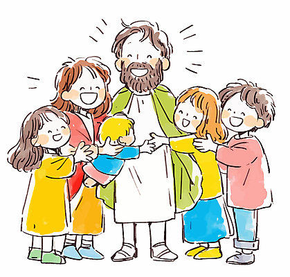 전신 여자 남자 행복 기독교 어린이 일러스트 안기 포옹 서기 웃음 소녀 소년 여러명 성인 예수 국내일러스트 AI파일 감정 종교 다수 모션 표정 사람 신_종교 파일형식 벡터