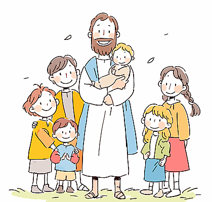 전신 여자 남자 행복 기독교 어린이 일러스트 안기 서기 웃음 소녀 소년 여러명 성인 예수 국내일러스트 AI파일 감정 종교 다수 모션 표정 사람 신_종교 파일형식 벡터