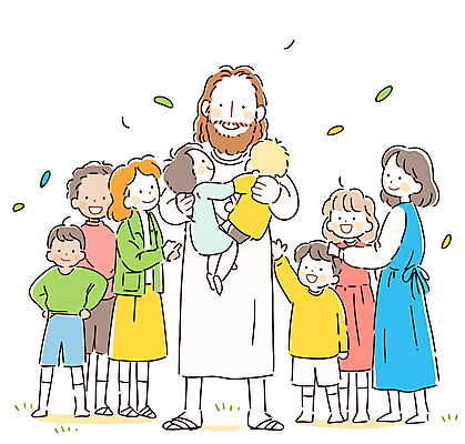 전신 여자 남자 행복 기독교 어린이 일러스트 안기 서기 웃음 소녀 소년 여러명 성인 예수 국내일러스트 AI파일 감정 종교 다수 모션 표정 사람 신_종교 파일형식 벡터