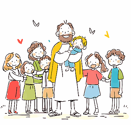 전신 여자 남자 행복 기독교 어린이 일러스트 안기 서기 웃음 소녀 소년 여러명 성인 예수 국내일러스트 AI파일 감정 종교 다수 모션 표정 사람 신_종교 파일형식 벡터