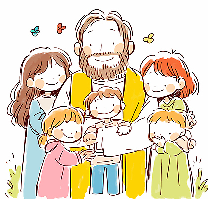 여자 남자 행복 기독교 어린이 일러스트 안기 서기 웃음 소녀 소년 여러명 성인 예수 국내일러스트 AI파일 감정 종교 다수 모션 표정 사람 신_종교 파일형식 벡터