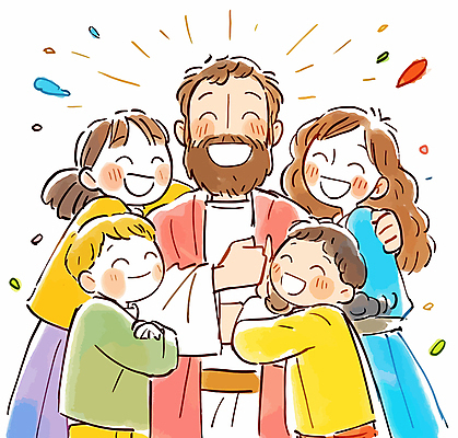 여자 남자 행복 기독교 어린이 일러스트 안기 포옹 서기 웃음 소녀 소년 여러명 성인 예수 국내일러스트 AI파일 감정 종교 다수 모션 표정 사람 신_종교 파일형식 벡터