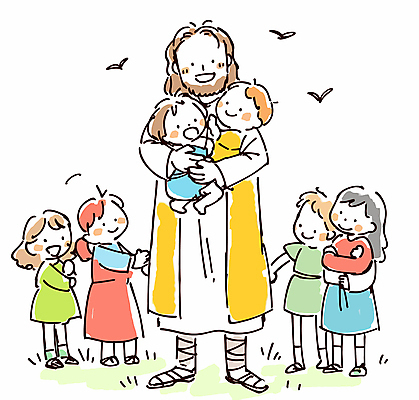 전신 여자 남자 행복 기독교 어린이 일러스트 안기 서기 웃음 소녀 소년 여러명 성인 예수 국내일러스트 AI파일 감정 종교 다수 모션 표정 사람 신_종교 파일형식 벡터