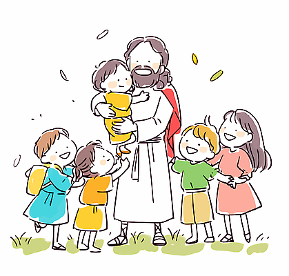 전신 여자 남자 행복 기독교 어린이 일러스트 안기 서기 웃음 소녀 소년 여러명 성인 예수 국내일러스트 AI파일 감정 종교 다수 모션 표정 사람 신_종교 파일형식 벡터