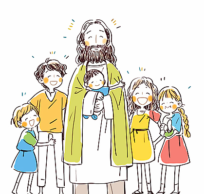 전신 여자 남자 행복 기독교 어린이 일러스트 안기 서기 웃음 소녀 소년 여러명 성인 예수 국내일러스트 AI파일 감정 종교 다수 모션 표정 사람 신_종교 파일형식 벡터