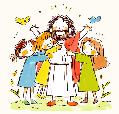 전신 여자 남자 행복 기독교 어린이 일러스트 안기 포옹 서기 웃음 소녀 소년 여러명 성인 예수 국내일러스트 AI파일 감정 종교 다수 모션 표정 사람 신_종교 파일형식 벡터