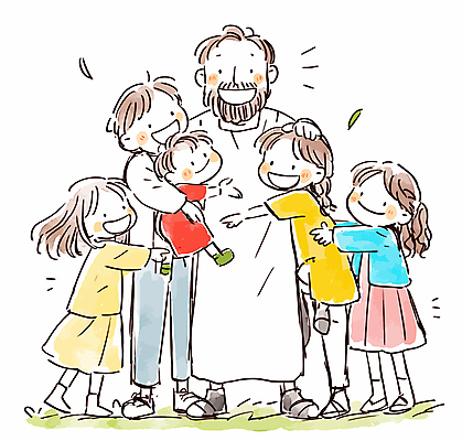 전신 여자 남자 행복 기독교 어린이 일러스트 안기 포옹 서기 웃음 소녀 소년 여러명 성인 예수 국내일러스트 AI파일 감정 종교 다수 모션 표정 사람 신_종교 파일형식 벡터