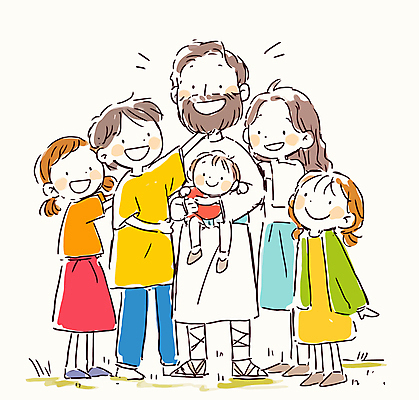 전신 여자 남자 행복 기독교 어린이 일러스트 안기 서기 웃음 소녀 소년 여러명 성인 예수 국내일러스트 AI파일 감정 종교 다수 모션 표정 사람 신_종교 파일형식 벡터