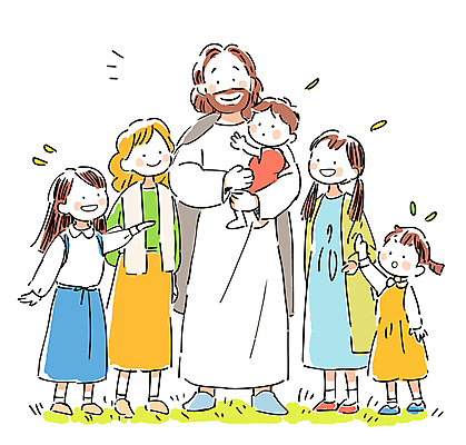 전신 여자 남자 행복 기독교 어린이 일러스트 안기 서기 웃음 소녀 소년 여러명 성인 예수 국내일러스트 AI파일 감정 종교 다수 모션 표정 사람 신_종교 파일형식 벡터