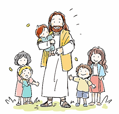 전신 여자 남자 행복 기독교 어린이 일러스트 안기 서기 웃음 소녀 소년 여러명 성인 예수 국내일러스트 AI파일 감정 종교 다수 모션 표정 사람 신_종교 파일형식 벡터