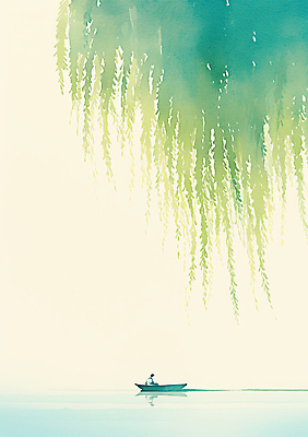 JPG 나무 일러스트 자연 수채화 한명 사람 풍경 초록색 물 여름 반사 고요 봄 승차 나룻배 수양버들 국내일러스트 AI일러스트 AI콘텐츠 자연요소 식물 1 계절 컬러 배_교통 모션 버드나무 생태계 파일형식