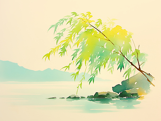 JPG 나무 호수 일러스트 자연 수채화 풍경 사람없음 초록색 물 여름 바위 수양버들 산등성이 국내일러스트 AI일러스트 AI콘텐츠 자연요소 식물 계절 컬러 산 돌_바위 버드나무 생태계 파일형식