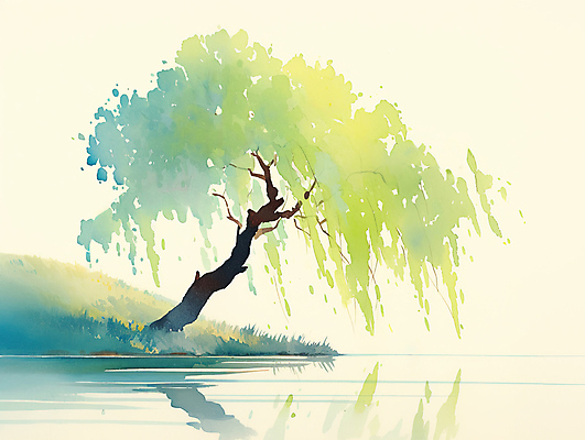 JPG 나무 일러스트 자연 수채화 풍경 잔디 사람없음 초록색 물 여름 반사 수양버들 언덕 국내일러스트 AI일러스트 AI콘텐츠 자연요소 식물 계절 컬러 버드나무 생태계 파일형식