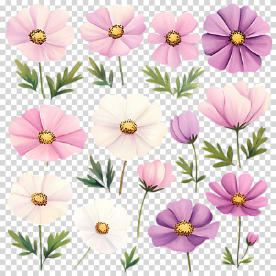 편집이미지 분홍색 잎 수채화 가을꽃 누끼 사람없음 코스모스 PNG 편집소스 식물 꽃 컬러 파일형식 가을_계절
