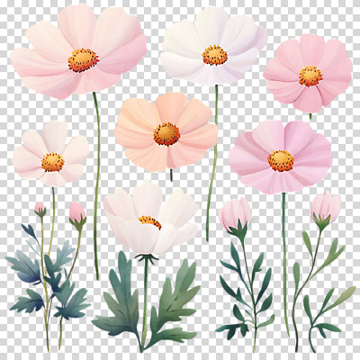 편집이미지 분홍색 잎 수채화 가을꽃 누끼 사람없음 코스모스 PNG 편집소스 식물 꽃 컬러 파일형식 가을_계절