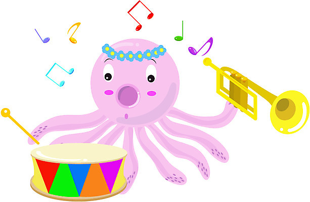 EPS 클립아트 동물 캐릭터 한마리 악기 음악 연주 음표 일러스트 타악기 연체동물 관악기 들기 사람없음 막대기 금관악기 북 트럼펫 문어 일러캐릭터 1 기호 모션 문화예술 무척추동물 수중동물 파일형식 벡터