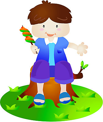 EPS 전신 클립아트 남자 초등학생 어린이 음식 일러스트 휴식 디저트 한명 들기 사람 앉기 소년 야외 꼬치 숲 나무밑둥 간식시간 남자만 남자한명만 어린이만 소년만 소년한명만 국내일러스트 나무 1 학생 컨셉 모션 파일형식 벡터