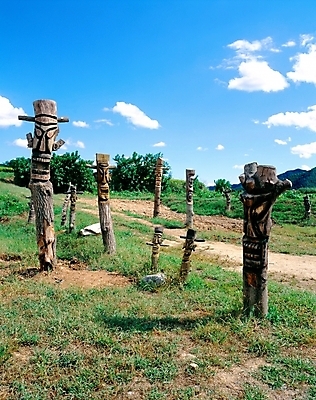 포토 JPG 주간 나무 건축 종교 조각 종교용품 종교건축 산 풍경 초원 사람없음 야외 초록색 여러개 풀 무속 무속신앙용품 장승 하회마을 조각_조소 국내포토 자연요소 식물 컬러 다수 안동 조소 파일형식