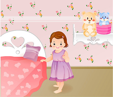 EPS 전신 여자 인형 일러스트 실내 한명 사람 침실 방 침대 아기 여자만 여자한명만 아기만 여자아기만 여자아기한명만 국내일러스트 1 가구 내부 파일형식 벡터