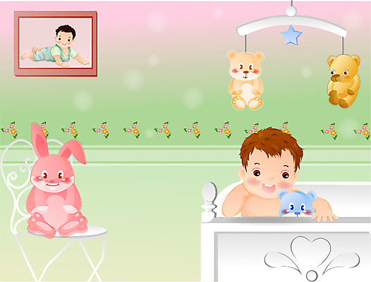 EPS 남자 인형 일러스트 실내 한명 사람 침실 방 침대 아기 요람 남자만 남자한명만 아기만 남자아기만 남자아기한명만 국내일러스트 1 가구 내부 파일형식 벡터