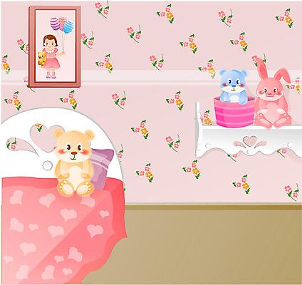 EPS 인형 벽 가구 액자 백그라운드 쿠션 꽃무늬 일러스트 침구 벽지 선반 실내 사람없음 인테리어 곰인형 침실 이불 방 침대 토끼인형 국내일러스트 디자인 꽃 생활용품 무늬 내부 토끼 파일형식 벡터