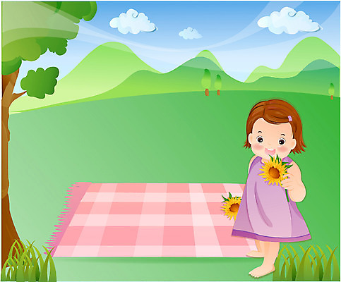 EPS 주간 전신 나무 여자 꽃 인형 일러스트 산 한명 사람 초원 야외 소풍 아기 돗자리 여자만 여자한명만 아기만 여자아기만 여자아기한명만 국내일러스트 자연요소 식물 1 야외활동 파일형식 벡터