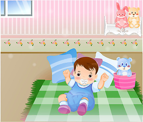 EPS 전신 남자 인형 일러스트 실내 한명 사람 놀이방 이불 방 아기 노리개젖꼭지 남자만 남자한명만 아기만 남자아기만 남자아기한명만 국내일러스트 1 침구 내부 아기용품 파일형식 벡터