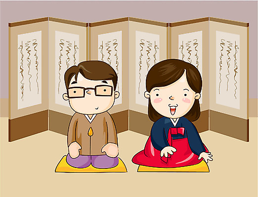 EPS 전통 라이프스타일 부부 커플 여자 명절 남자 행복 일러스트 새해 실내 사람 두명 추석 인사 한복 병풍 국내일러스트 한국전통 기념일 감정 관계 내부 생활 예절 전통의상 파일형식 벡터