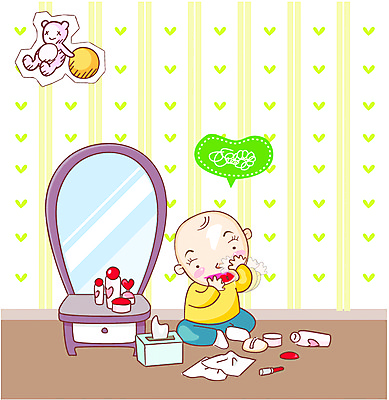 EPS 라이프스타일 행복 일러스트 장난 가족 실내 한명 사람 장난감 화장 화장품 방 립스틱 아기 화장대 말썽 아기만 국내일러스트 1 감정 가구 관계 내부 생활 뷰티 파일형식 벡터