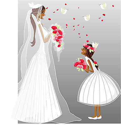 EPS 전신 여자 꽃잎 신부 어린이 부케 웨딩드레스 결혼 일러스트 조류 서기 사람 소녀 성인 두명 장미 들러리 여자만 국내일러스트 동물 드레스 꽃 꽃다발 모션 이벤트 하객 파일형식 벡터