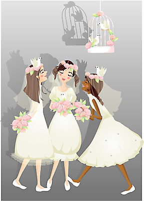 EPS 전신 여자 신부 어린이 부케 웨딩드레스 결혼 일러스트 조류 서기 사람 소녀 세명 친구 장미 새장 들러리 여자만 어린이만 소녀만 국내일러스트 동물 드레스 꽃 꽃다발 관계 모션 이벤트 케이지 하객 파일형식 벡터