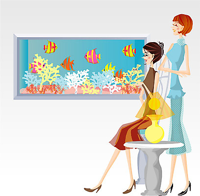EPS 전신 우먼라이프 라이프스타일 여자 일러스트 휴식 실내 사람 성인 취미 두명 라이프 친구 스탠드 어항 열대어 여자만 성인여자만 성인만 국내일러스트 컨셉 관계 조명 어류 내부 생활 파일형식 벡터