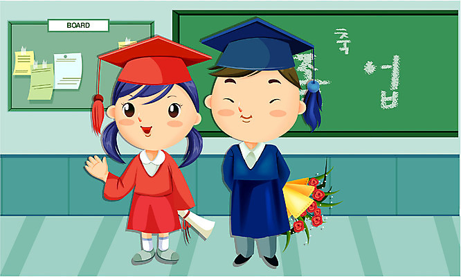 EPS 직업 학생 여자 교육 남자 꽃다발 일러스트 학사모 졸업 교실 학교 졸업식 교육캐릭터 실내 사람 두명 국내일러스트 일러캐릭터 캐릭터 모자_잡화 꽃 내부 파일형식 벡터