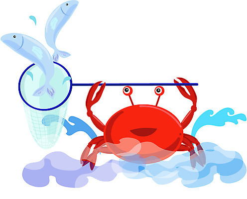 EPS 클립아트 동물 캐릭터 컬러 절지류 일러스트 낚시 집게 세마리 갑각류 어류 사람없음 빨간색 바다동물 꽃게 게 잡기 그물 일러캐릭터 바다 모션 레저 3 수중동물 파일형식 벡터