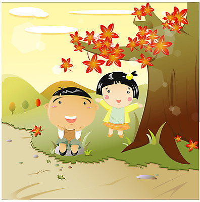 EPS 주간 전신 나무 사계절 계절 여자 남자 어린이라이프 어린이 단풍 낙엽 일러스트 자연 사람 풍경 소녀 소년 야외 두명 가을 시골 어린이만 국내일러스트 자연요소 식물 라이프스타일 잎 생태계 파일형식 벡터