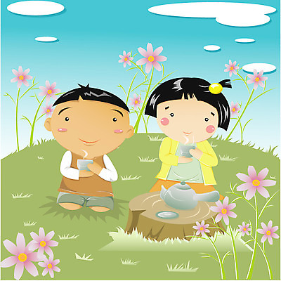 EPS 주간 전신 계절 여자 남자 꽃 어린이라이프 어린이 꽃밭 일러스트 하늘 사람 앉기 소녀 소년 야외 두명 봄 시골 차 찻잔 다기 어린이만 국내일러스트 자연요소 식물 라이프스타일 음료 모션 잔 다도 파일형식 벡터