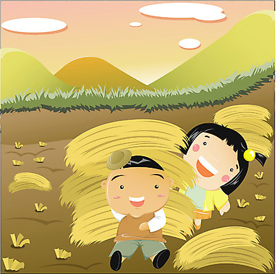 EPS 주간 전신 나무 사계절 계절 여자 남자 어린이라이프 어린이 일러스트 자연 하늘 곡류 논 사람 풍경 소녀 소년 야외 두명 농사 추수 가을 시골 볏짚 풍년 어린이만 국내일러스트 자연요소 식물 라이프스타일 농업 수확 짚 생태계 파일형식 벡터