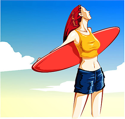 EPS 주간 구름 모델 여자 여행 포즈 일러스트 하늘 휴가 한명 서기 사람 상반신 20대 성인 야외 여름 레포츠 여름휴가 바캉스 서핑보드 서핑 여자만 여자한명만 성인여자만 청년만 청년여자만 성인한명만 청년여자한명만 성인여자한명만 성인만 국내일러스트 자연요소 1 계절 모션 레저 청년 수상스포츠 보드_스포츠 파일형식 벡터 여름_계절
