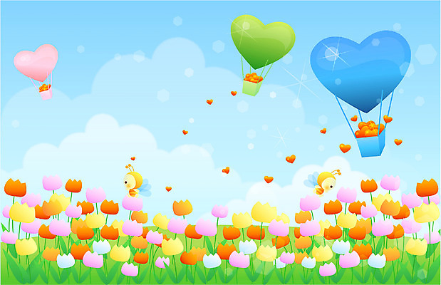 EPS 주간 식물 구름 사계절 계절 꽃 백그라운드 꽃밭 일러스트 자연 하늘 풍경 사람없음 야외 봄 열기구 하트 벌 국내일러스트 자연요소 모양 곤충 항공교통 생태계 파일형식 벡터