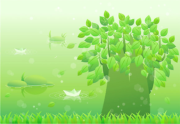 EPS 나무 사계절 계절 호수 컬러 백그라운드 일러스트 자연 한그루 그림자 풍경 사람없음 야외 초록색 강 봄 연못 풀 종이배 국내일러스트 식물 1 생태계 종이접기 파일형식 벡터