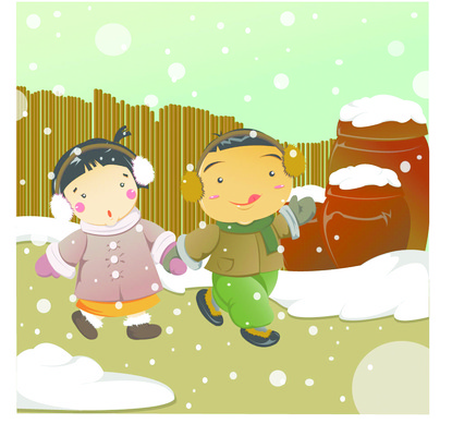 EPS 전신 사계절 계절 여자 남자 어린이라이프 어린이 겨울 일러스트 서기 사람 소녀 소년 야외 두명 농촌 시골 눈 항아리 어린이만 국내일러스트 자연요소 라이프스타일 모션 날씨 도자기 파일형식 벡터