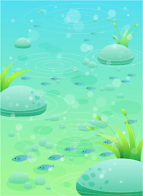 EPS 주간 사계절 계절 일러스트 자연 어류 풍경 사람없음 야외 초록색 여름 강 골짜기 계곡 수중 돌_바위 바위 연못 풀 소만 국내일러스트 자연요소 식물 컬러 수중동물 생태계 파일형식 벡터