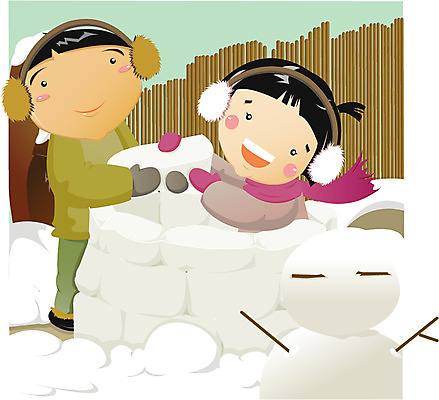 EPS 사계절 계절 여자 남자 어린이라이프 어린이 겨울 일러스트 눈사람 서기 사람 소녀 소년 야외 두명 농촌 시골 눈 눈장난 이글루 어린이만 국내일러스트 자연요소 라이프스타일 모션 놀이 날씨 파일형식 벡터