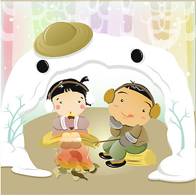 EPS 전신 사계절 계절 여자 남자 어린이라이프 어린이 겨울 일러스트 사람 앉기 소녀 소년 두명 농촌 눈 모닥불 얼음집 어린이만 국내일러스트 자연요소 라이프스타일 모션 불 날씨 주택 시골 파일형식 벡터