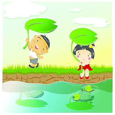 EPS 주간 전신 사계절 계절 여자 남자 어린이라이프 어린이 일러스트 하늘 서기 사람 소녀 소년 야외 두명 여름 시골 연잎 어린이만 국내일러스트 자연요소 라이프스타일 잎 모션 파일형식 벡터